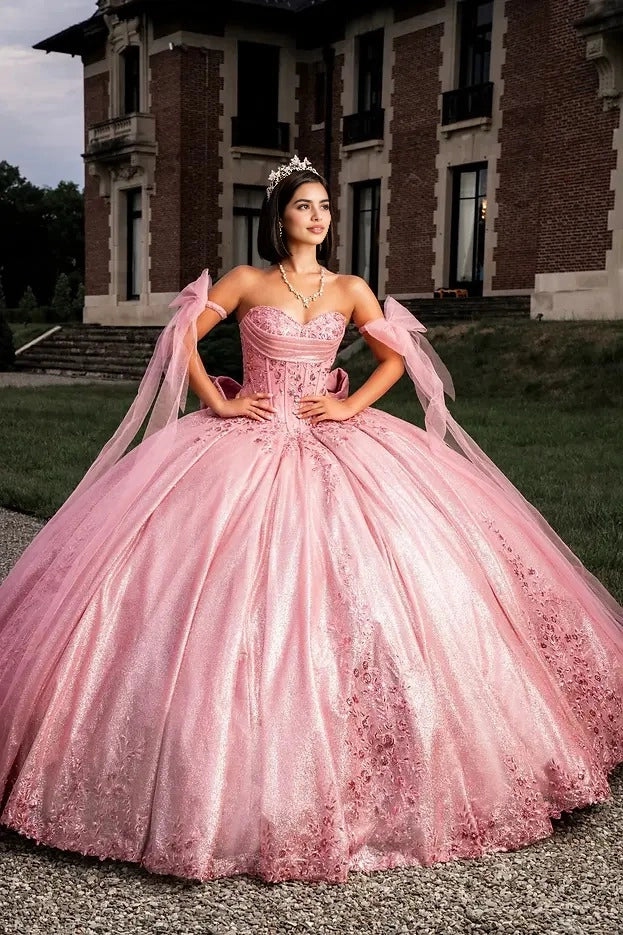 Glitter Ball Gown Sweetheart Off Shoulder Bow Corset Train Quinceañera Dress