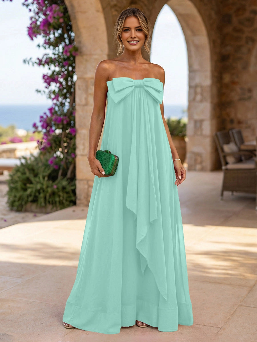 Fuchsia A‑Line Strapless Sleeveless Zipper‑Back Long Bow Chiffon Wedding Guest Dress