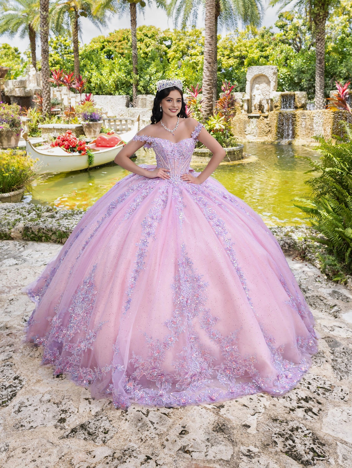 Luxurious Ball Gown Off‑Shoulder Short Sleeve Lace‑Up Back Cathedral Train Quinceanera Dress