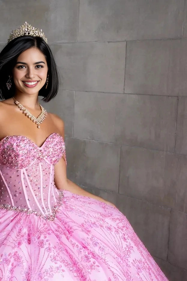 Beaded Ball Gown Sweetheart Chain Strap Corset Bow Train Quinceañera Dress