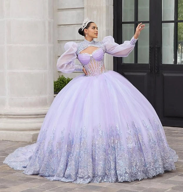 Ball Gown Puff Sleeve Corset Back Cape Train Quinceañera Dress