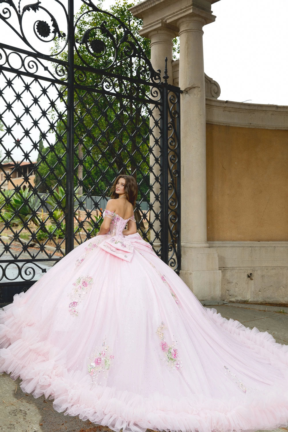 Dreamy Ball Gown Off‑Shoulder Strap Sleeve Lace‑Up Back Court Train Quinceanera Dress