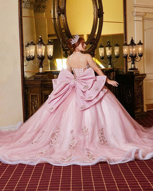 Back view Vedress light pink quinceanera gown corset lace-up back oversized big bow long train tulle dress