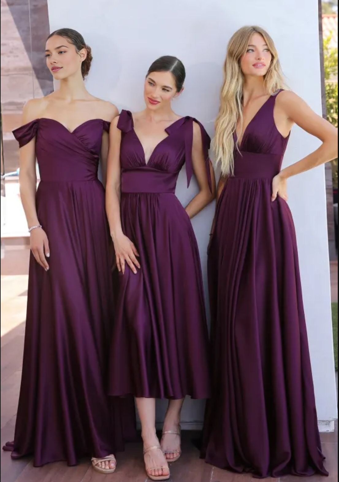 Elegant A-Line Floor length Satin Bridesmaid Dresses for Outdoor Off-Shoulder Satin Formal Gowns With Slit