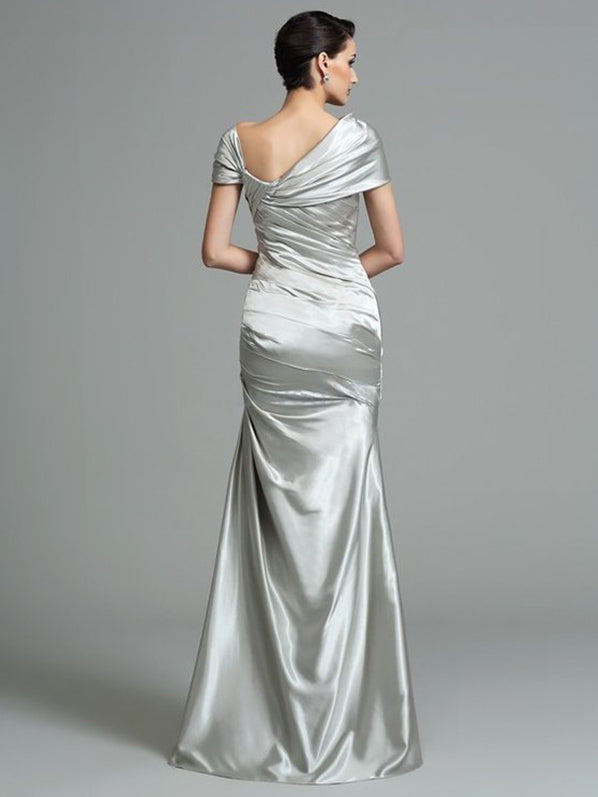 Asymmetric One-Shoulder Ruched Satin Mermaid Floor-Length Mother of the Bride Evening Gown
