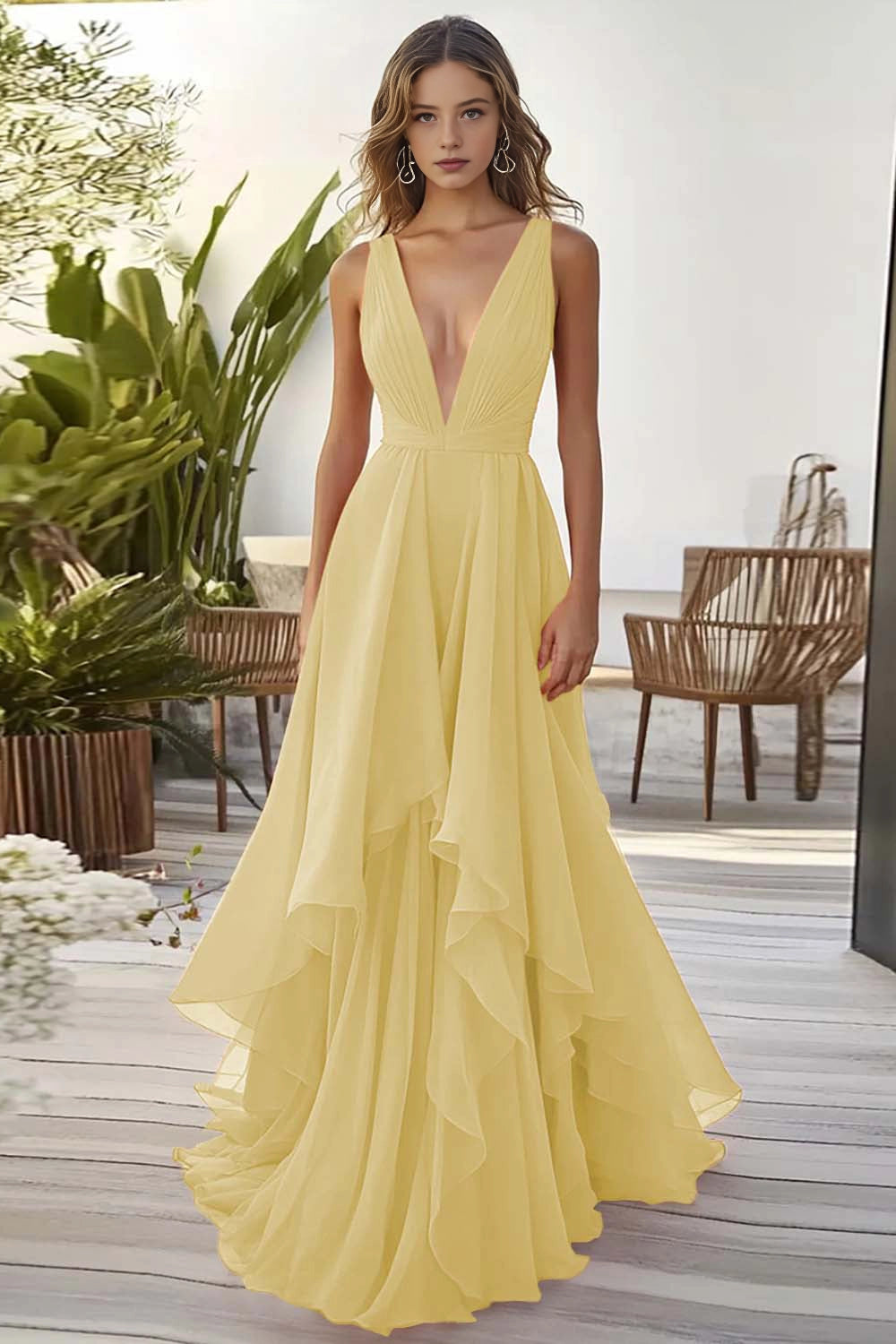 Flowy A Line Deep V Sleeveless Back Zip Train Maxi Wedding Guest Dress