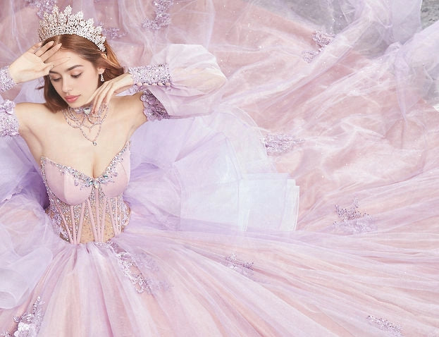 Floral Ball Gown Sweetheart Puff Sleeve Corset Big Bow Train Quinceañera Dress