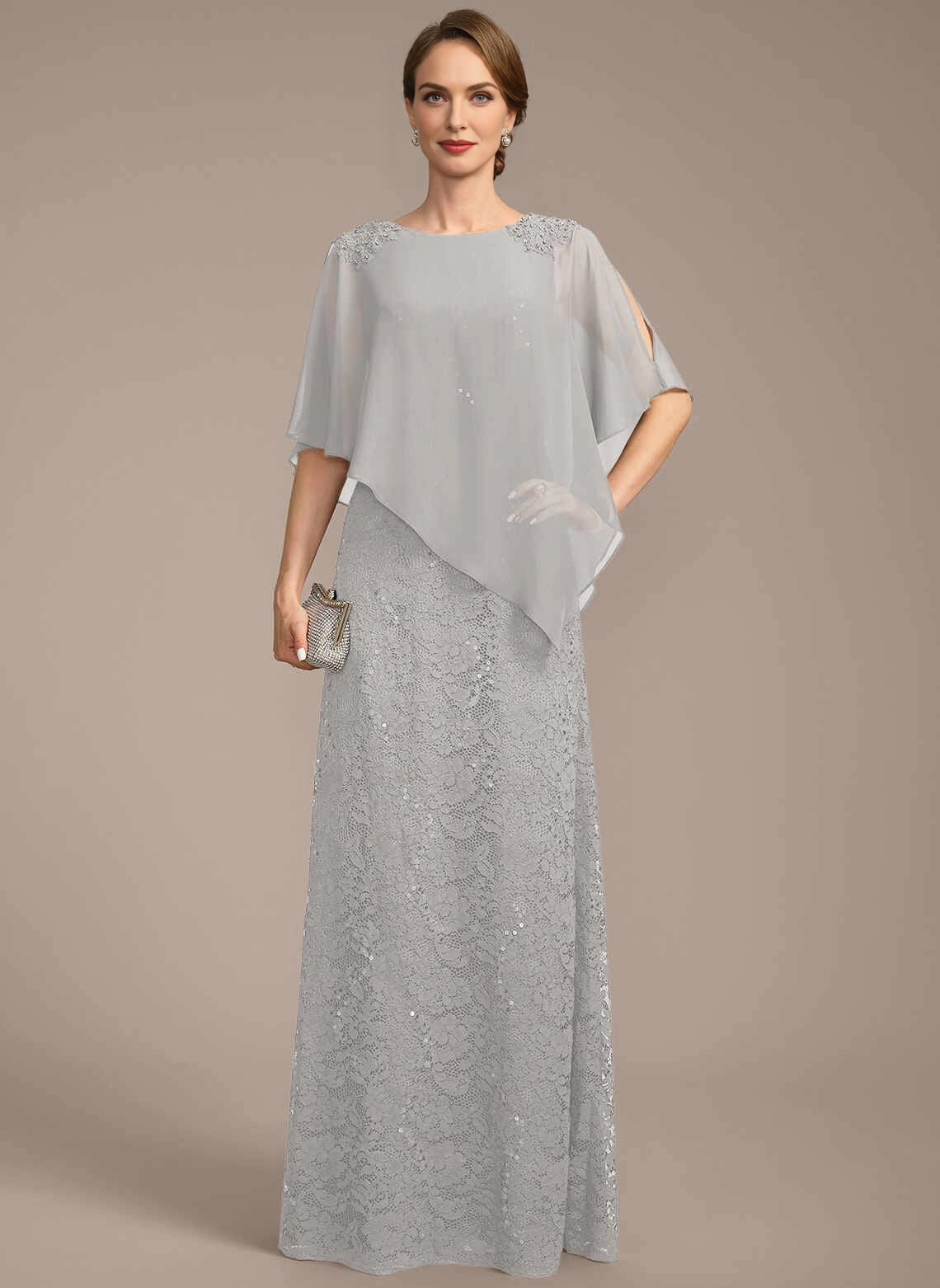 Modest Sheath Bateau Neck Cape Overlay Zipper Back Floor‑Length Mother Of The Bride Dress