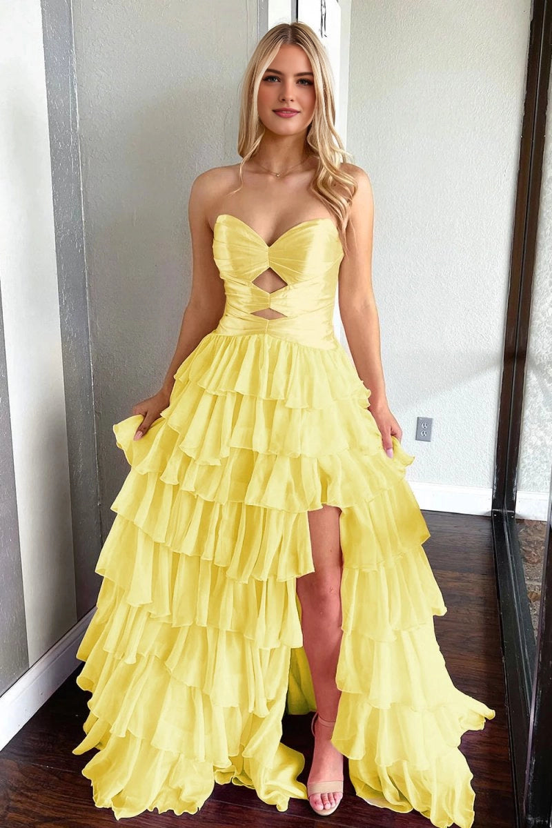 Bright Hot‑Pink A‑Line Strapless Sleeveless Lace‑Up‑Back High‑Slit Tiered Floor‑Length Prom Dress