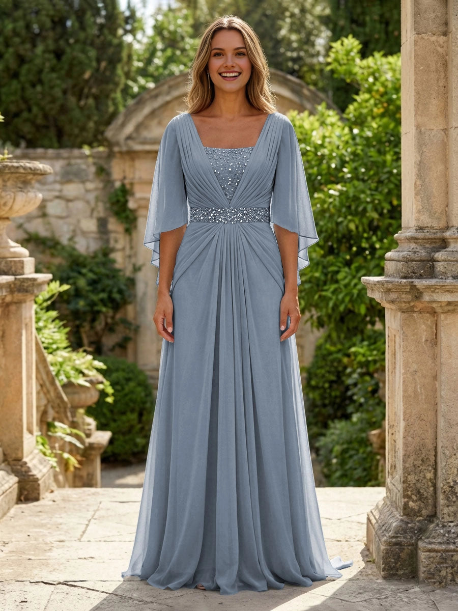 Soft Sky-Blue A-Line Square-Neck Flutter-Sleeve V-Back Floor-Length Wedding Guest Dress