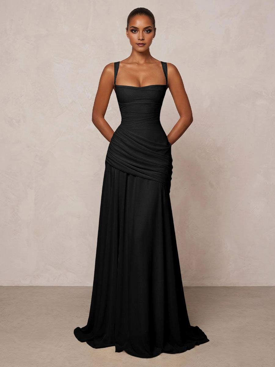 Graceful A‑Line Square‑Neck Sleeveless Crisscross‑Back Floor‑Length Bridesmaid Prom Dress
