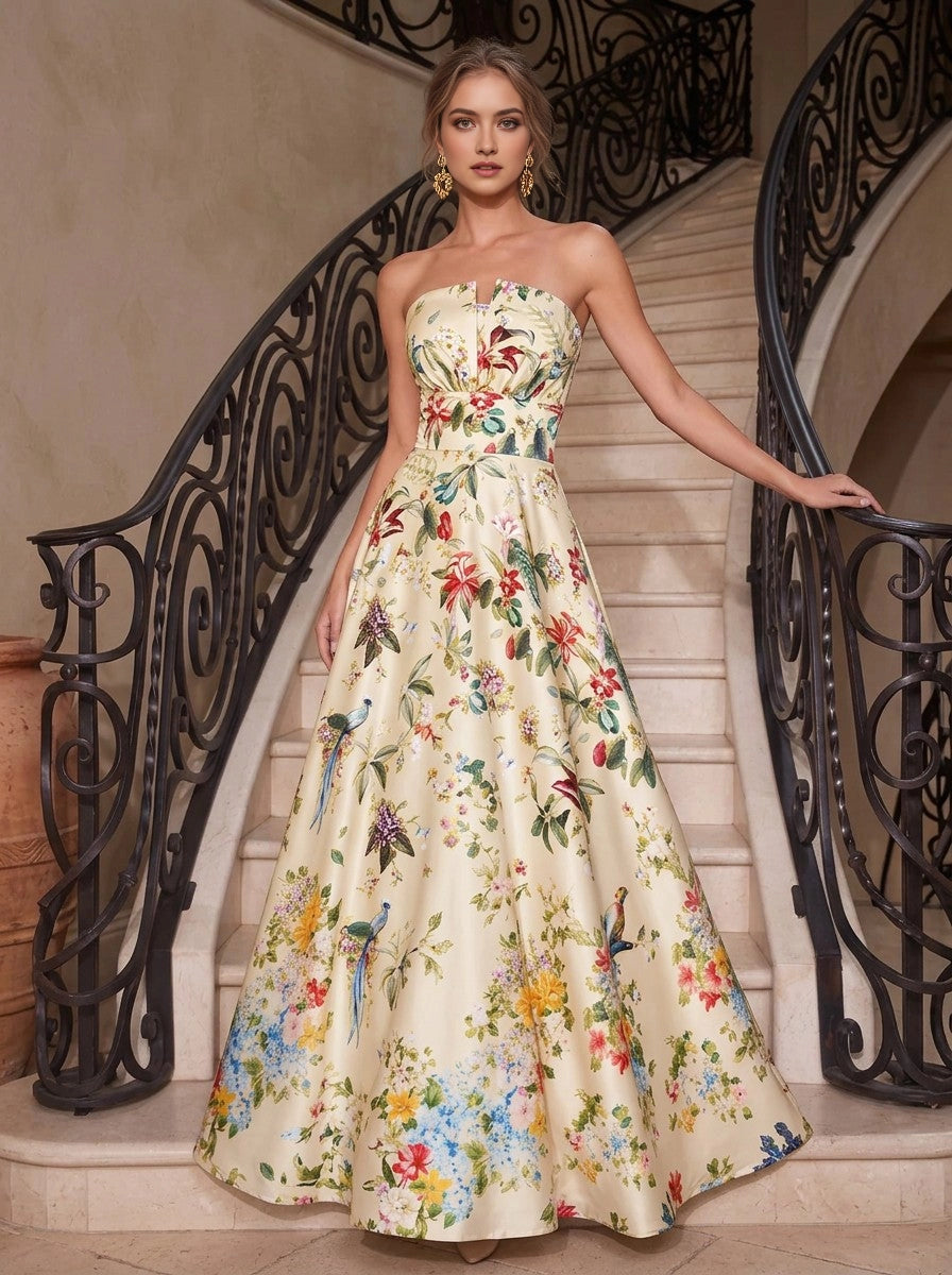 Bright Floral A‑Line Strapless Sleeveless Zip‑Back Floor‑Length Prom Dress 