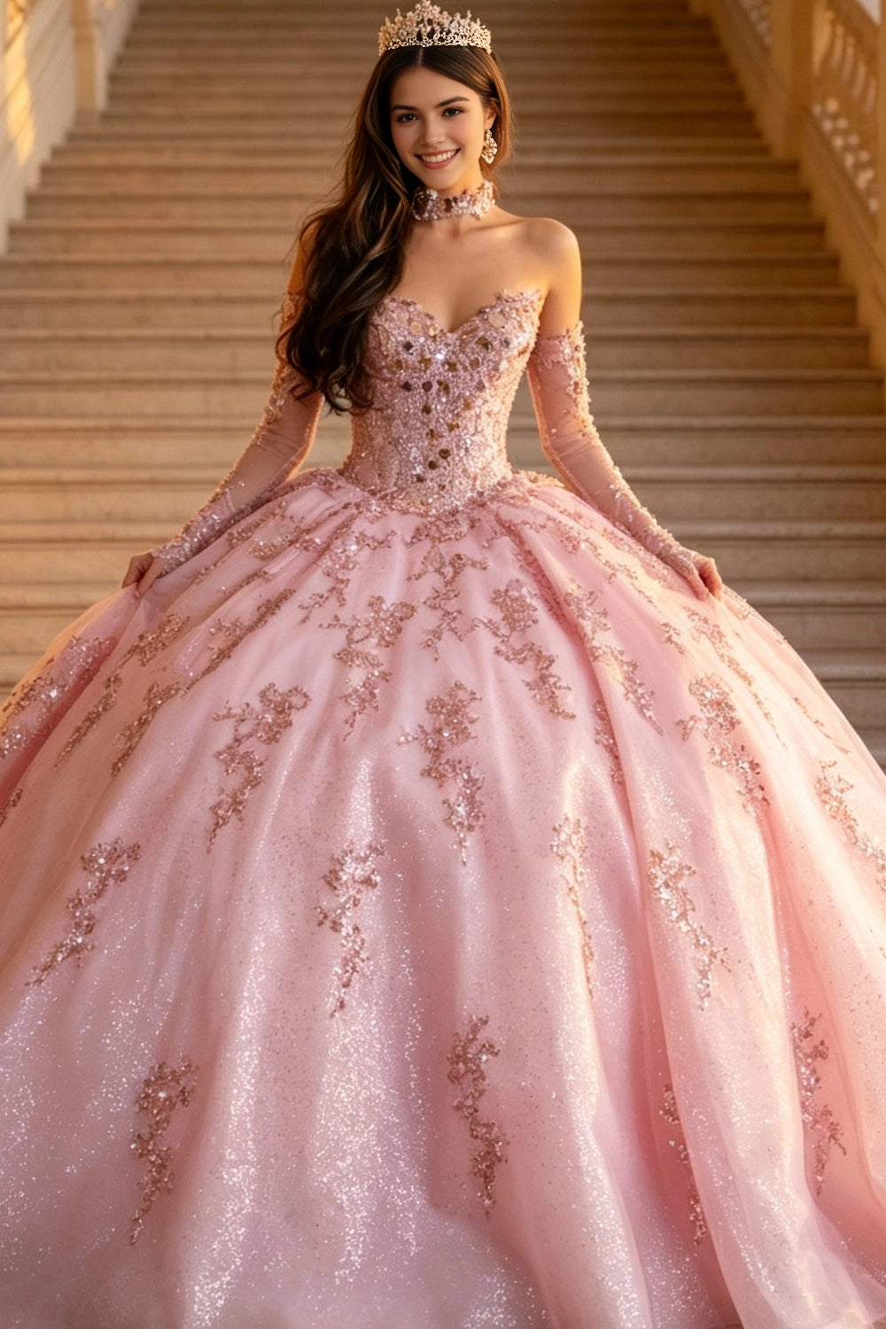 Gorgeous Pink Ball Gown Sweetheart Detachable Long Sleeve Lace‑Up Back Court Train Quinceanera Dress