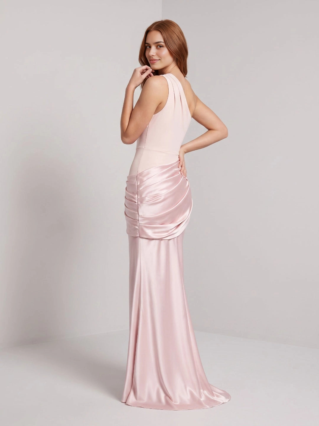 Light‑Blue Mermaid One‑Shoulder Open‑Back Draped Long Bridesmaid Dress