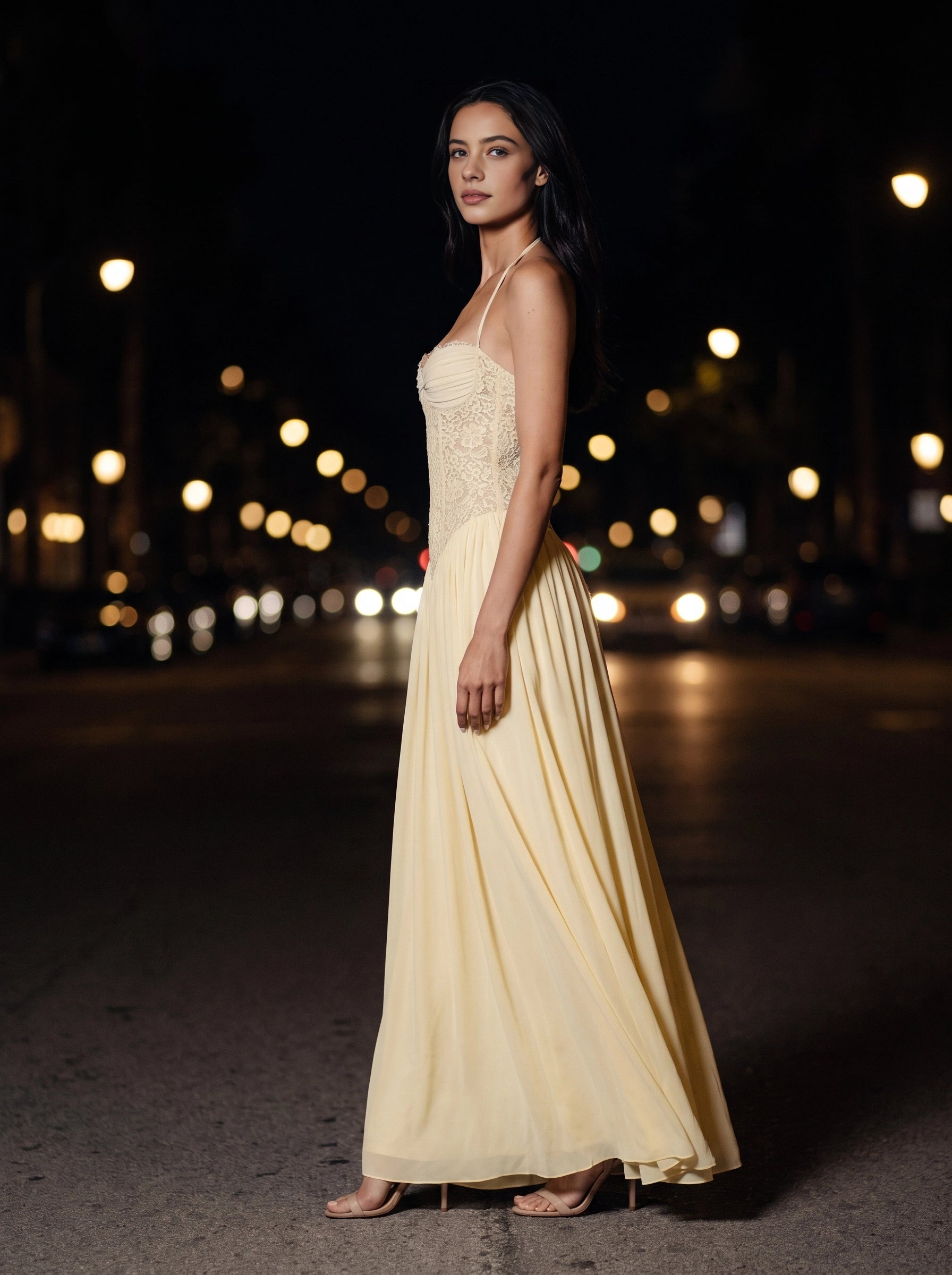 Dusty‑Pink A‑Line Halter Lace‑Corset‑Back Long Bridesmaid Dress