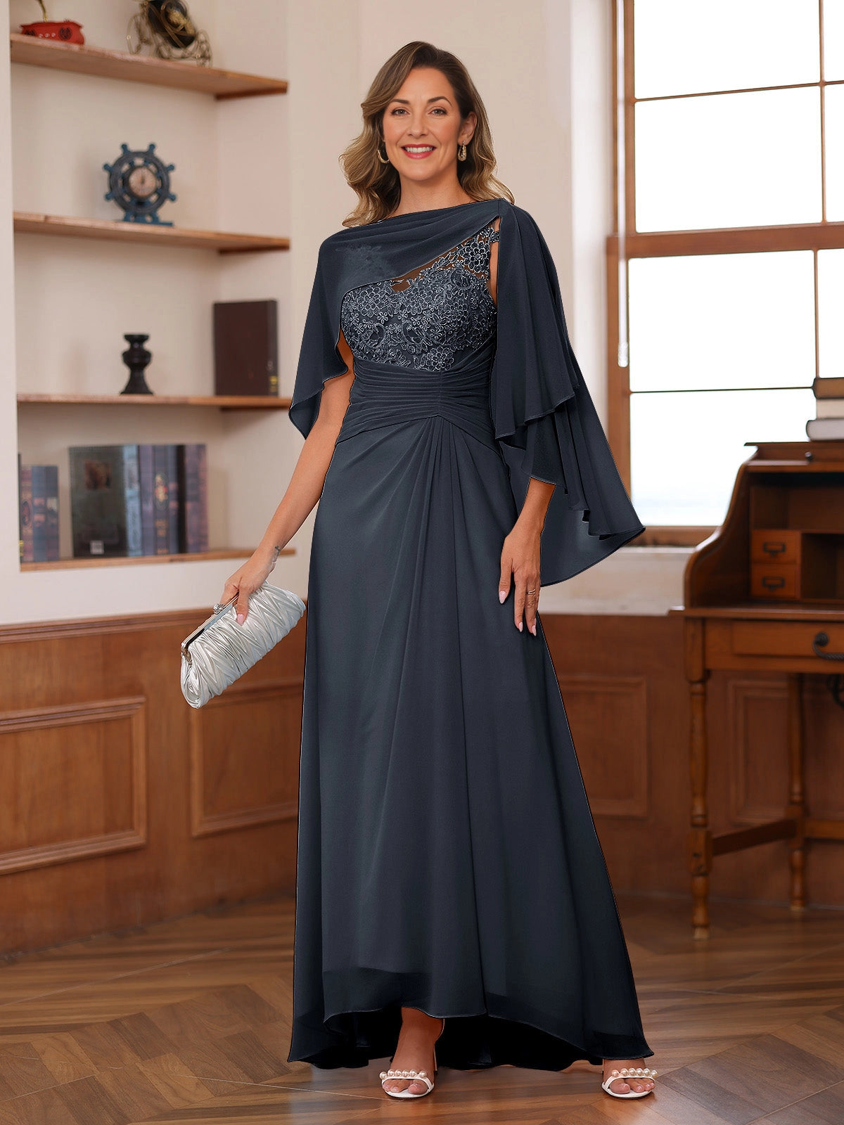 Elegant A Line Bateau Neck Cape Sleeve Sheer Back Floor Length Mother Of The Bride Dress