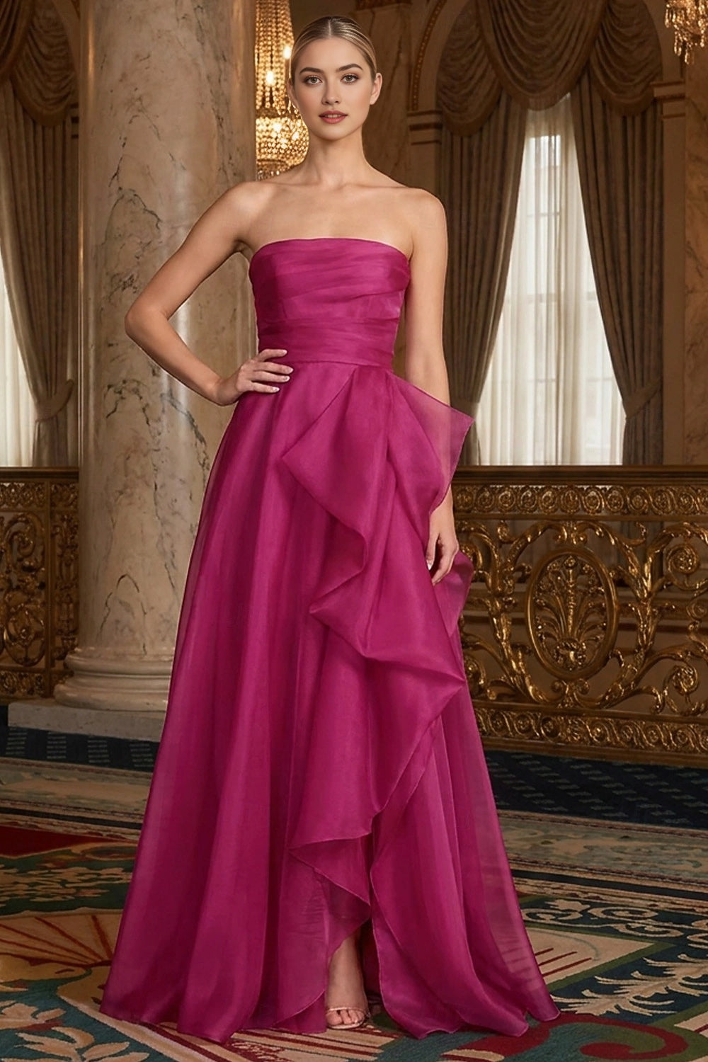 Chic A-Line Strapless Zip Back Slit Long Organza Prom Dress