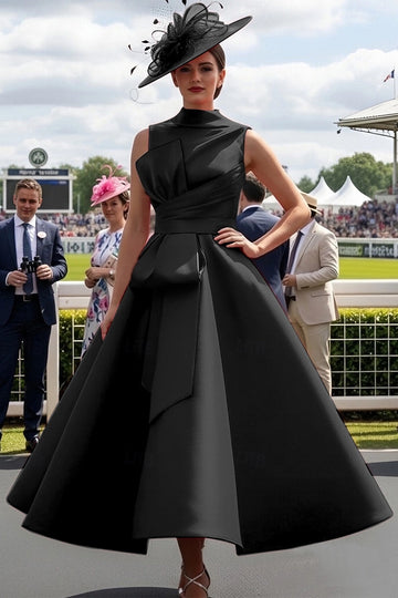 Chic A-Line High Neck Sleeveless Solid Back Midi Prom Dress