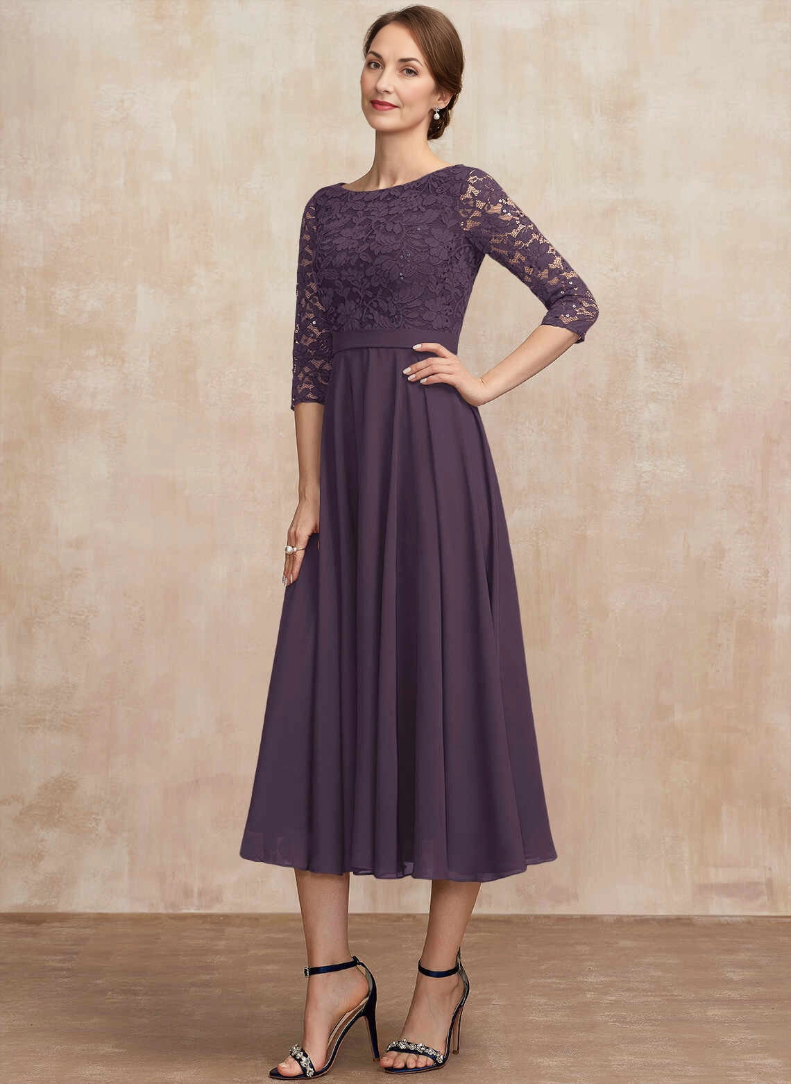 Modest A‑Line Bateau‑Neck Elbow‑Sleeve Zip‑Back Midi Mother Of The Bride Dress