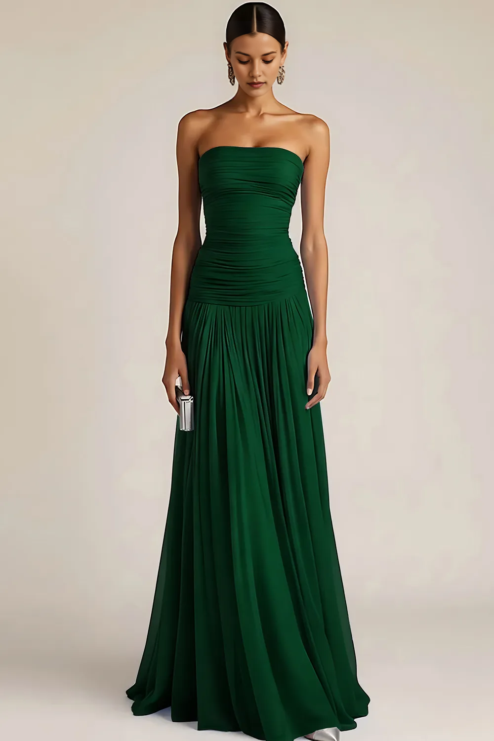 Strapless Ruched Bodice Chiffon A-Line Maxi Dress
