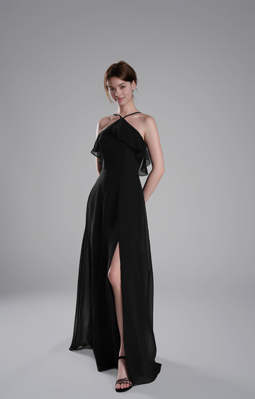 Elegant A-Line Halter Neck Sleeveless Open Back Floor-Length Bridesmaid Dresses