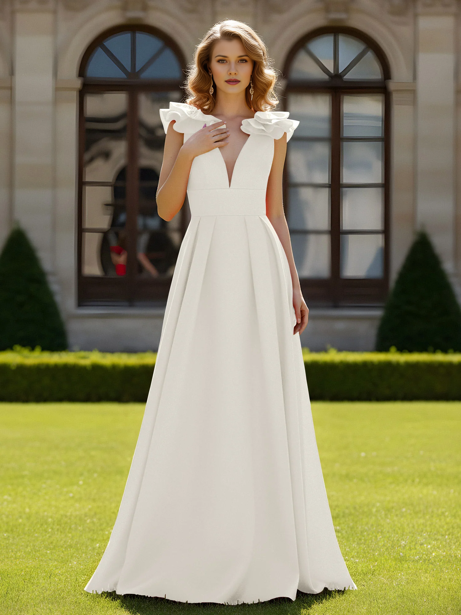 Deep V-Neck Ruffle Shoulder A-Line Floor-Length Formal Evening Gown