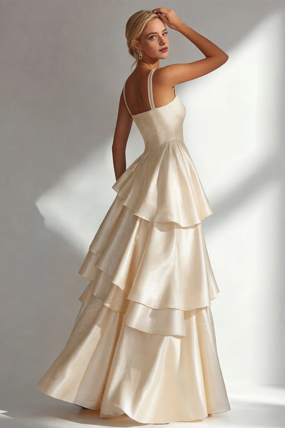 Shiny A Line Square Neck Straps Open Back Tiered Maxi Wedding Guest Dress
