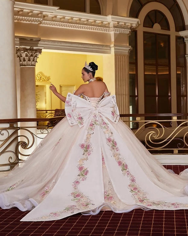 Ball Gown Off Shoulder Corset Back Floral Big Bow Quinceañera Dress