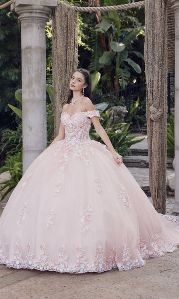 Dreamy Ball Gown Sweetheart Off‑Shoulder Corset Back Cathedral Train Quinceanera Dress