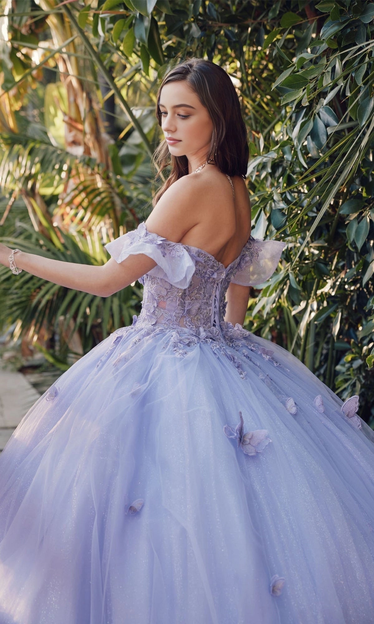 Dreamy Ball Gown Off‑The‑Shoulder 3D Butterfly Lace‑Up Back Court Train Quinceanera Dress