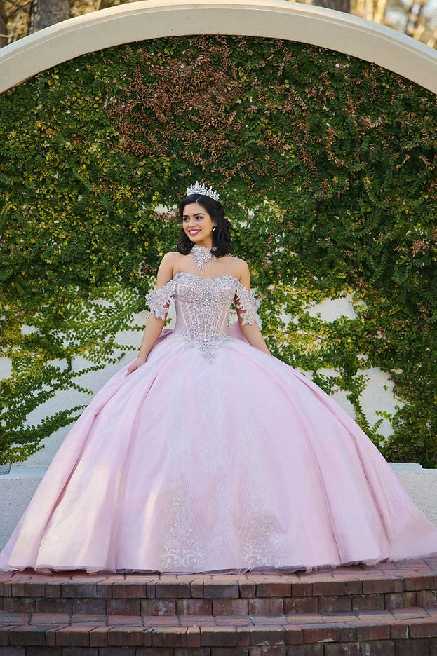Ball Gown Off Shoulder Beaded Bow Long Train Quinceañera Dress