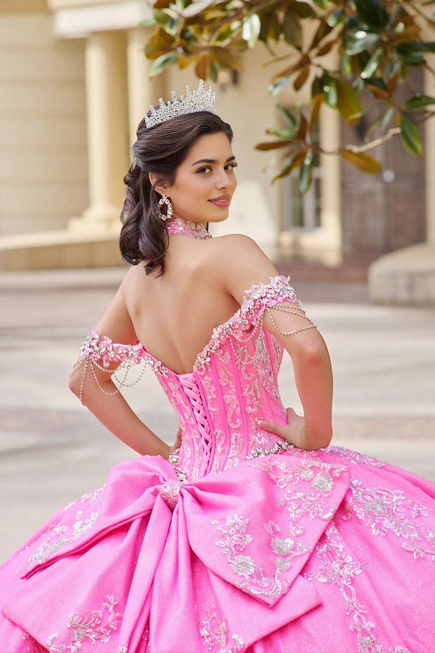Ball Gown Off Shoulder Beaded Bow Train Cinderella Quinceañera Dress