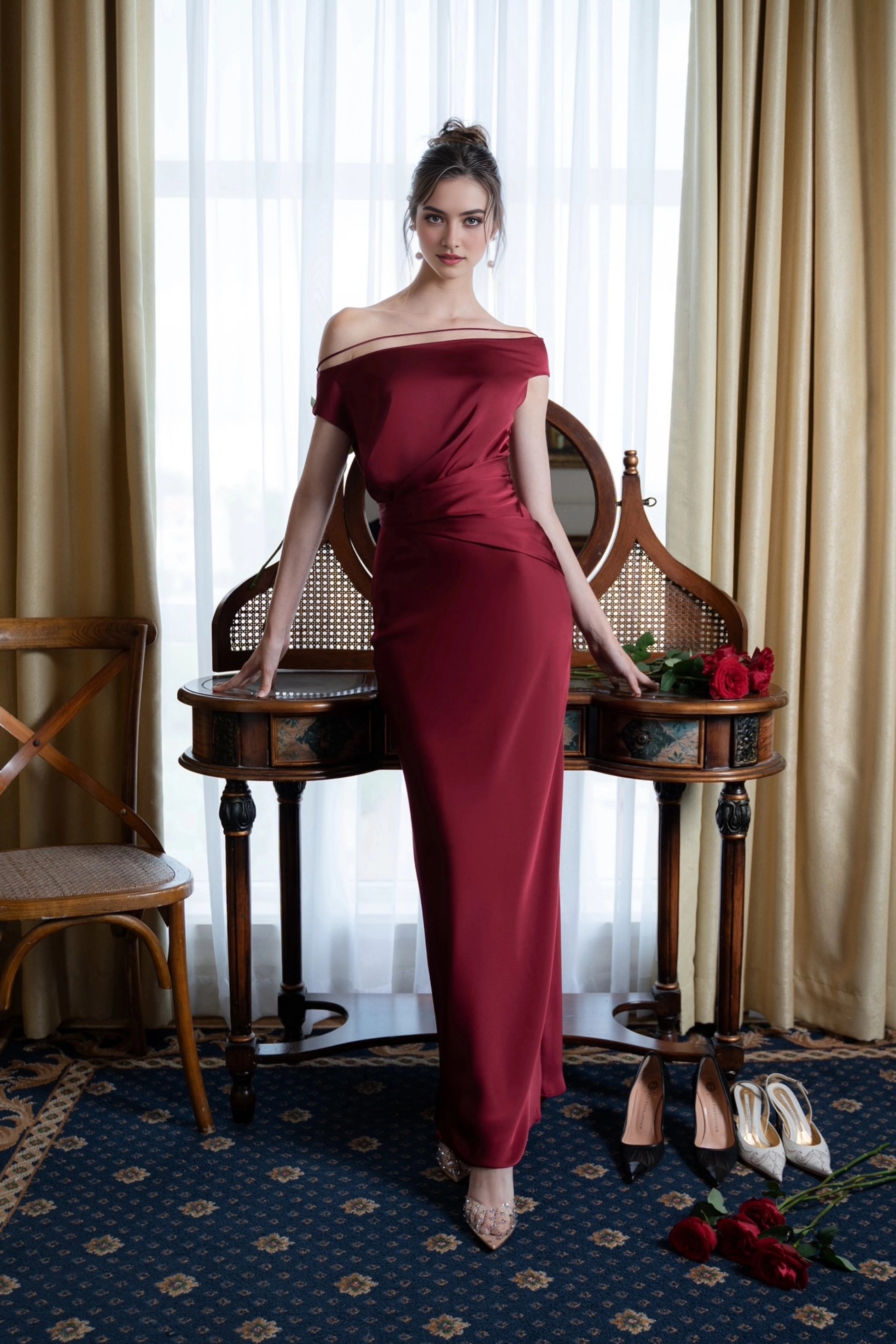 Satin Mermaid Off‑Shoulder Strap Short Sleeve Open‑Back Maxi Prom Dress