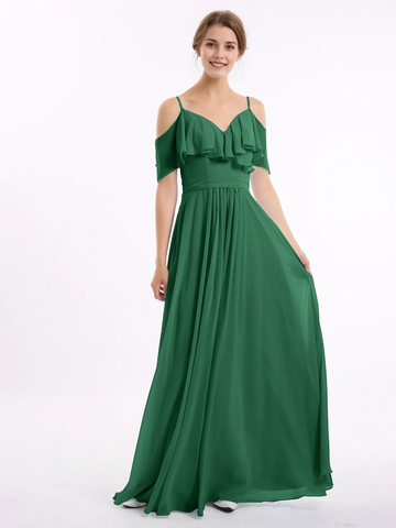Cold Shoulder Ruffle V-Neck Chiffon A-Line Maxi Bridesmaid Dress with Pockets
