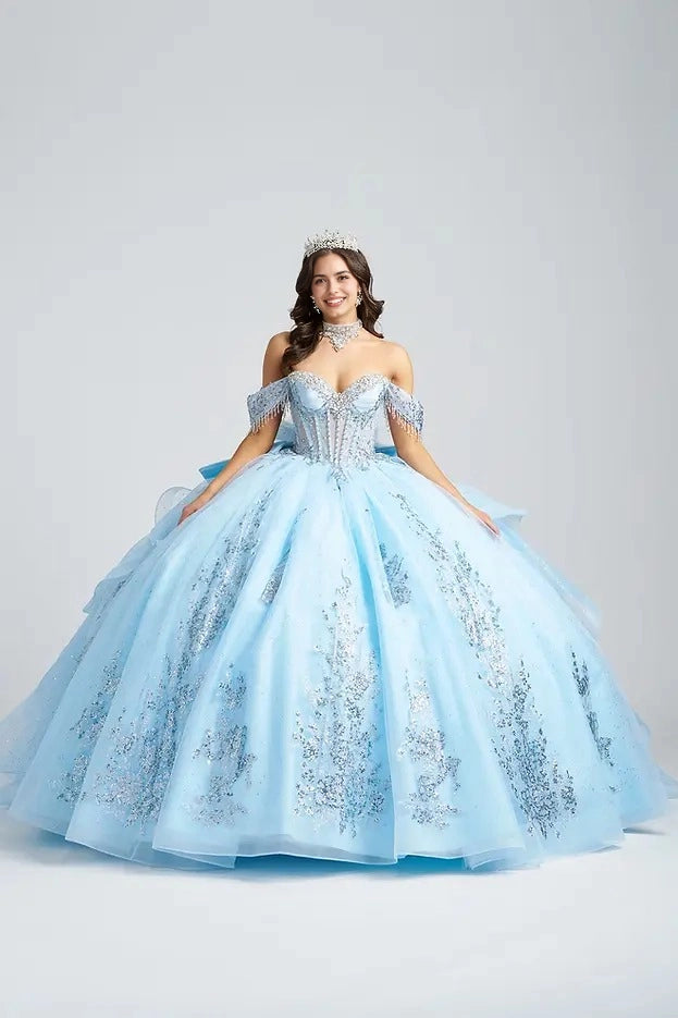 Ball Gown Off Shoulder Sequin Bow Long Train Quinceañera Dress