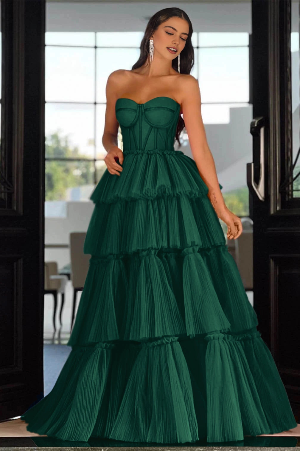 Vibrant Hot‑Pink A‑Line Strapless Sleeveless Lace‑Up‑Back Tiered Floor‑Length Prom Dress