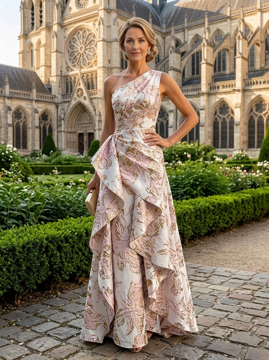 Chic Mermaid One‑Shoulder Sleeveless Zip‑Back Floral Floor‑Length Mother Of The Bride Dress 