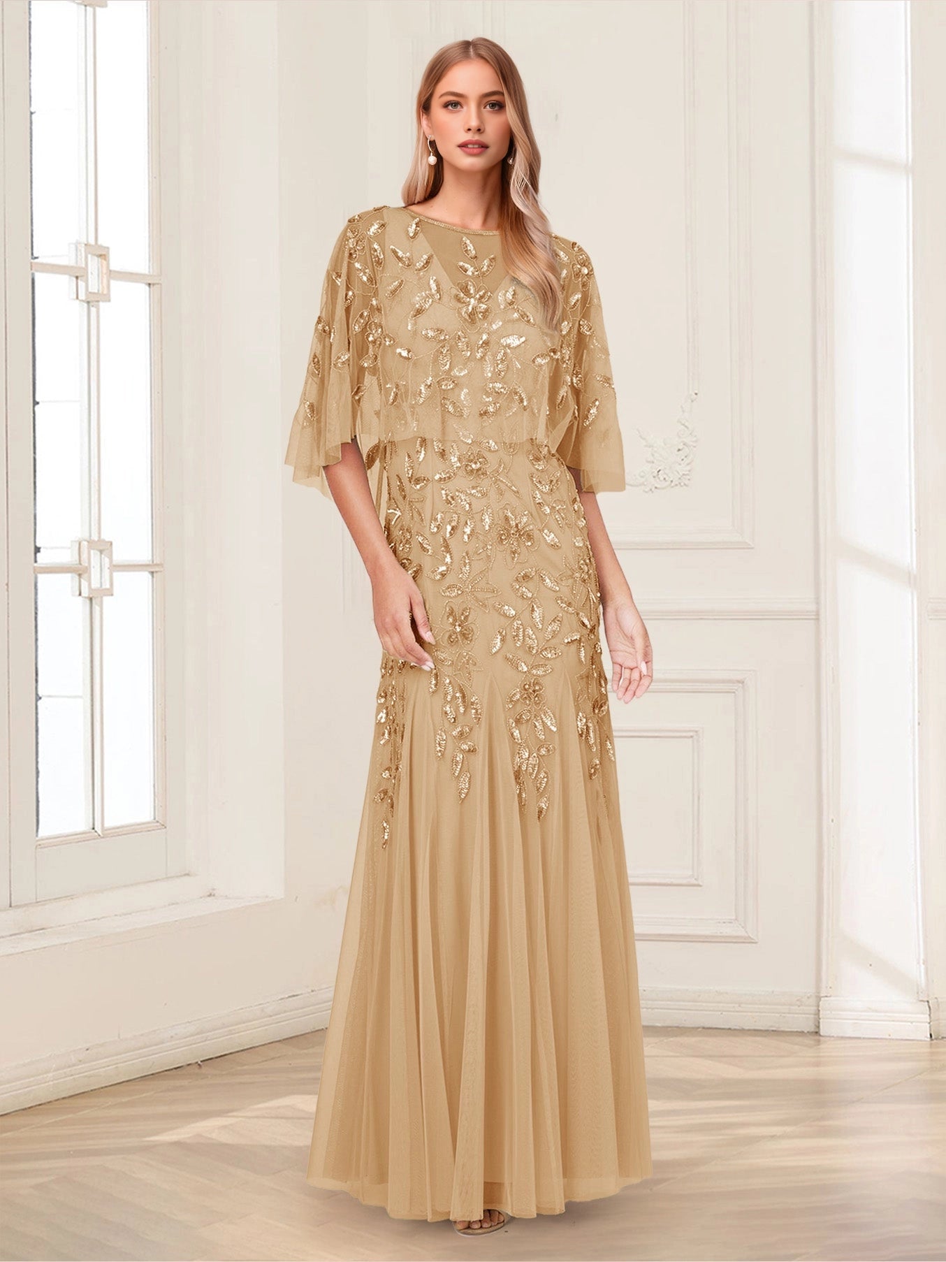 Glamorous Mermaid Round Cape‑Sleeve Zip‑Back Floor‑Length Plus Size Mother of the Bride Dress