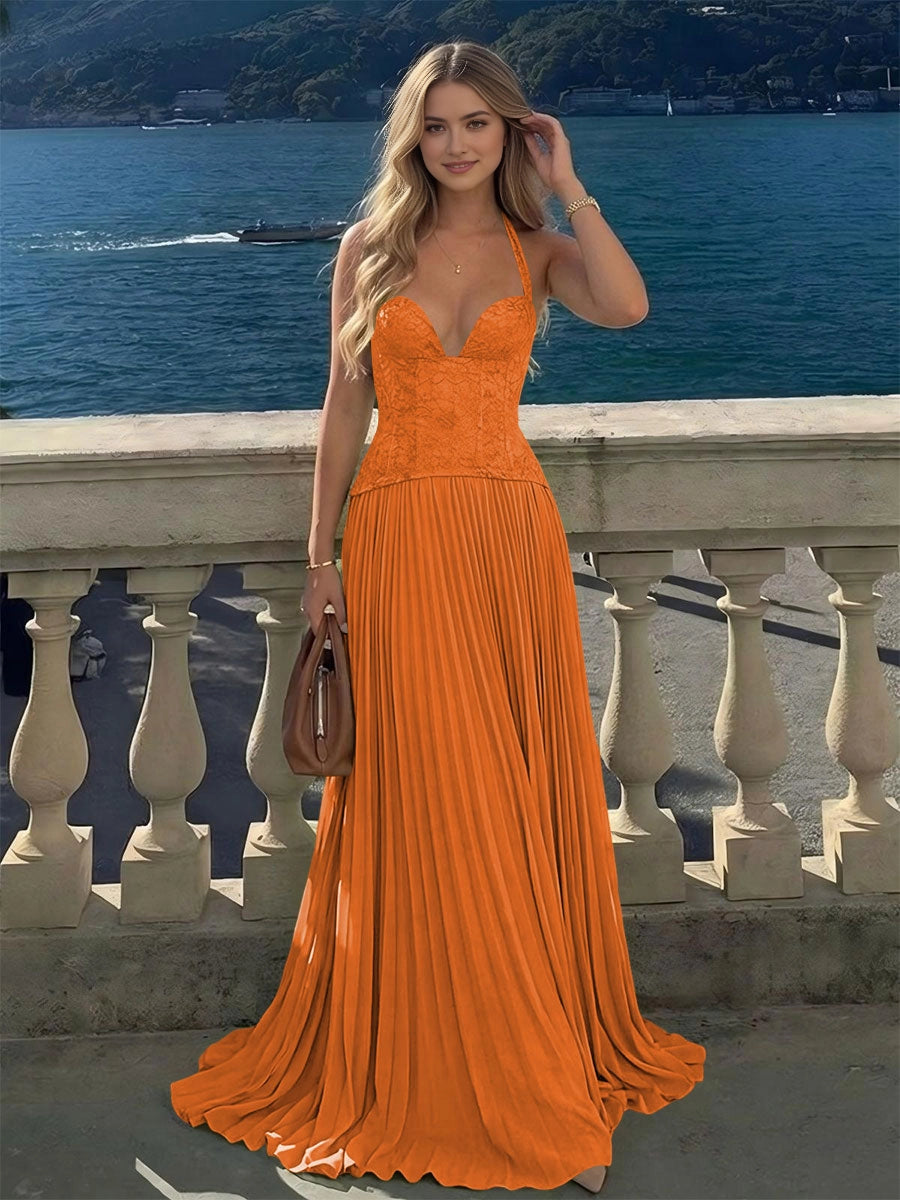 Bohemian A‑Line Halter Lace Criss‑Cross‑Back Floor‑Length Bridesmaid Dress