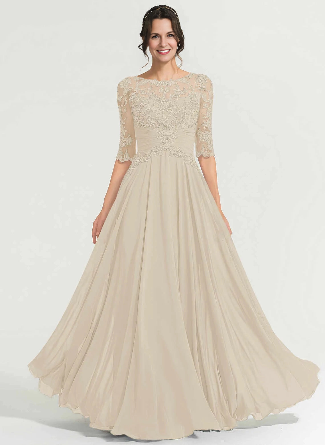 Modest A‑Line Illusion Neck Half Sleeve Zipper Back Long Mother Of The Bride Dress