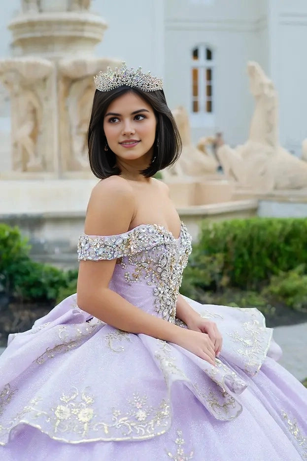 Sparkly Ball Gown Off Shoulder Short Sleeve Corset Back Train Quinceañera Dress