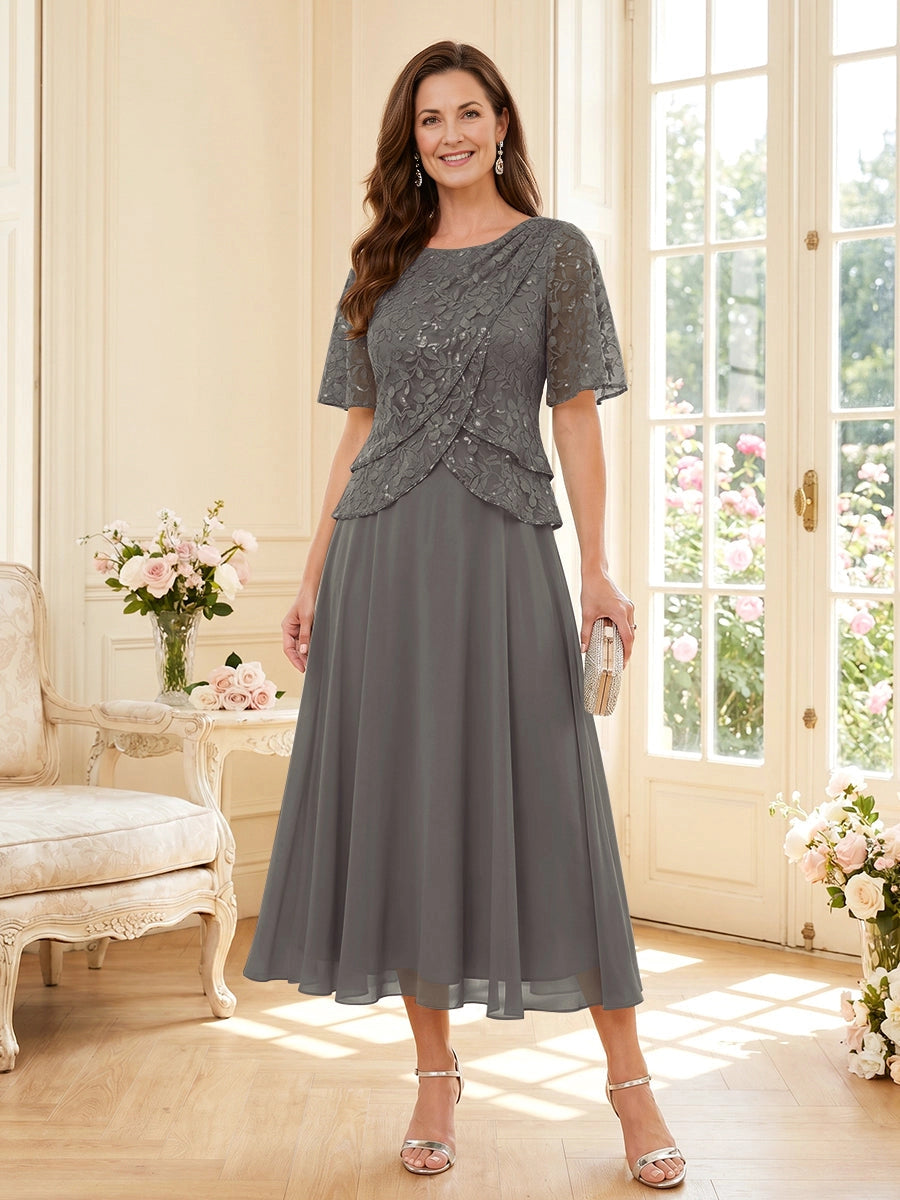 Elegant A Line Round Neck Elbow Sleeve Zipper Back Tea‑Length Mother Of The Bride Dress 