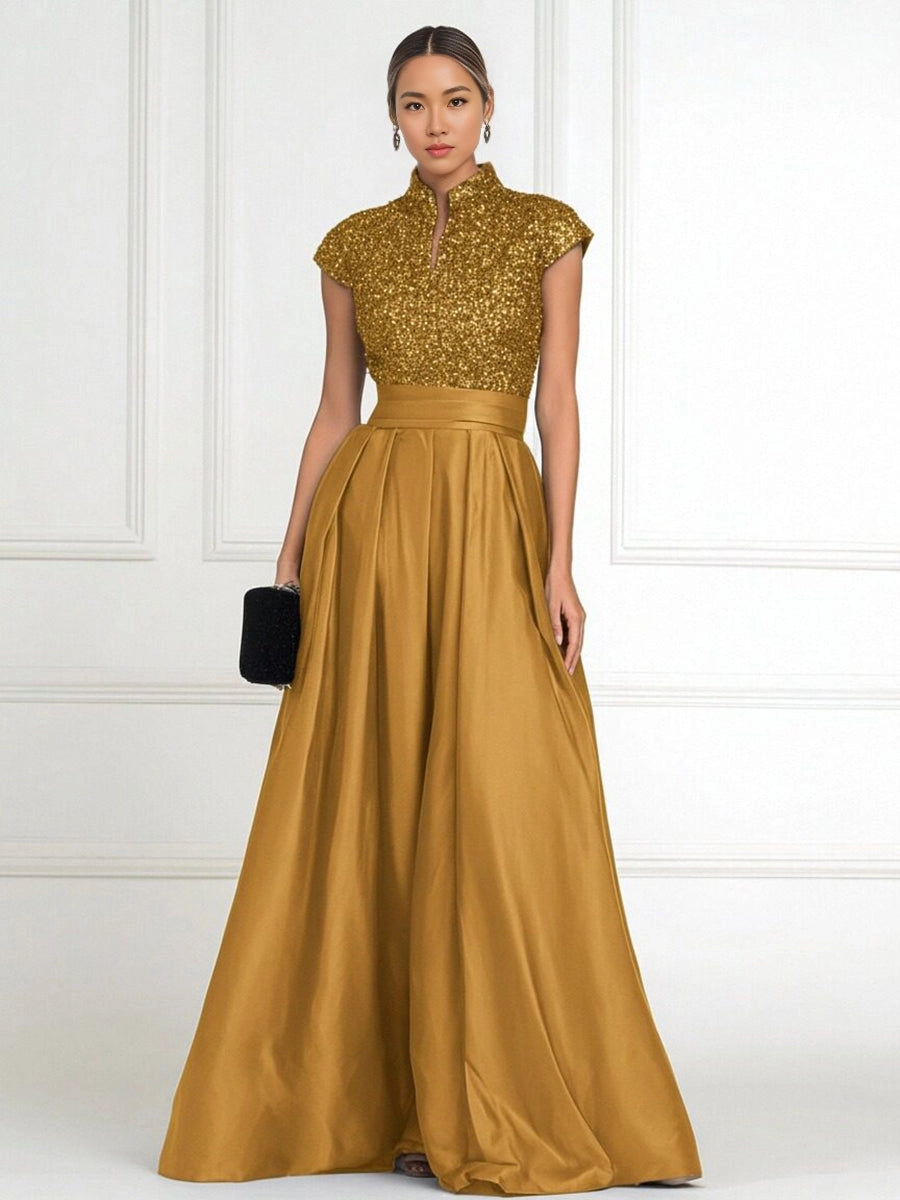 Luxury A-Line High-Neck Cap-Sleeve Zip-Back Floor-Length Plus Size Mother of the Bride Dress