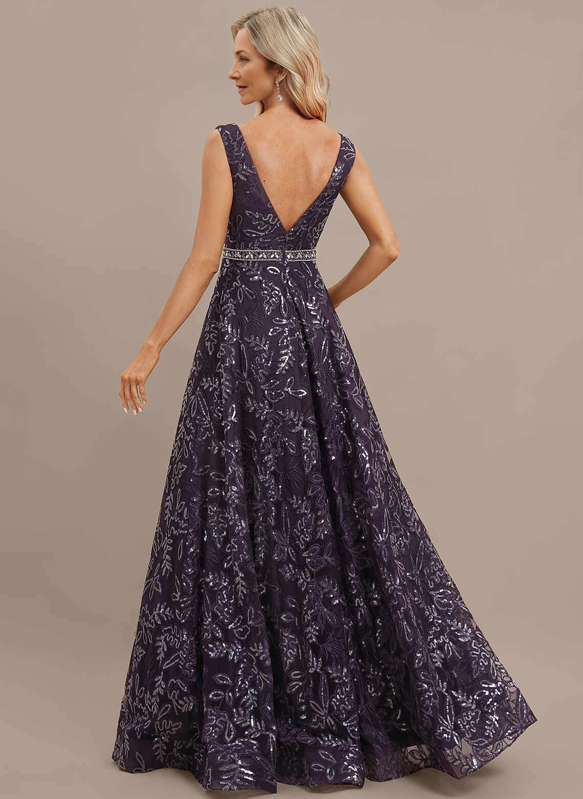 Vedress purple floor‑length mother of the bride dress,sleeveless v neck,sequin floral tulle,beaded waistband,deep v back