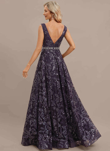 Vedress purple floor‑length mother of the bride dress,sleeveless v neck,sequin floral tulle,beaded waistband,deep v back
