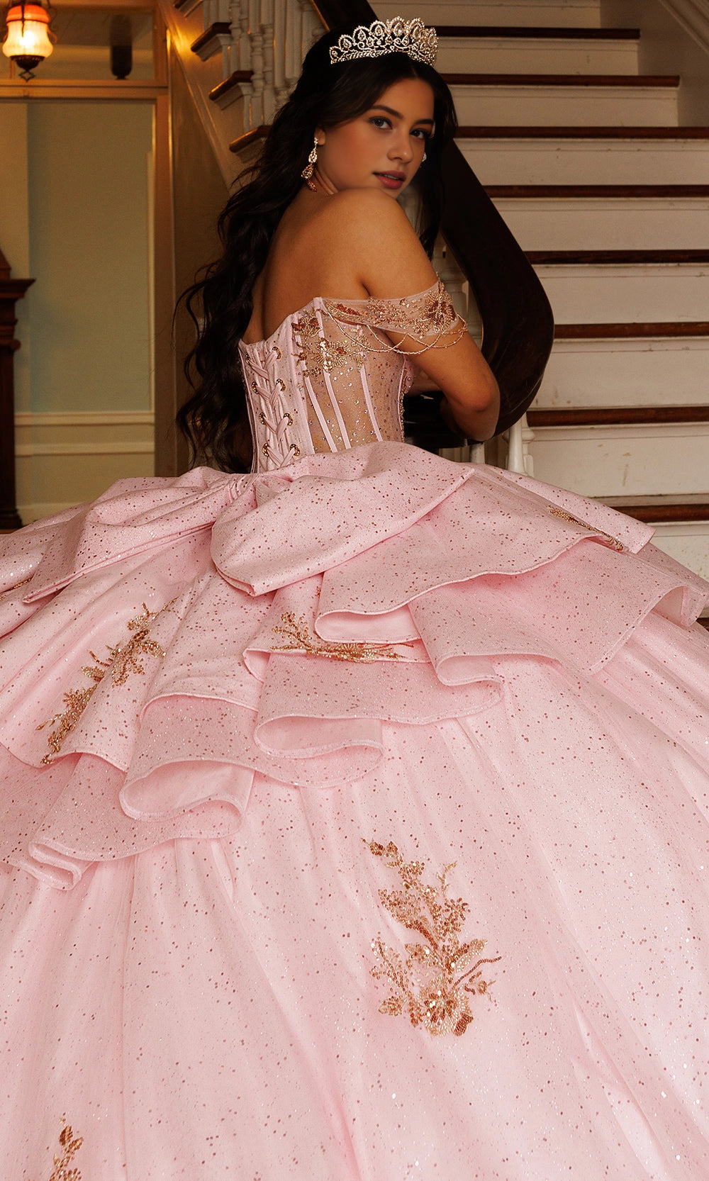 Ball Gown Off‑Shoulder Sweetheart Corset Back Layered Long Train Quinceanera Dress