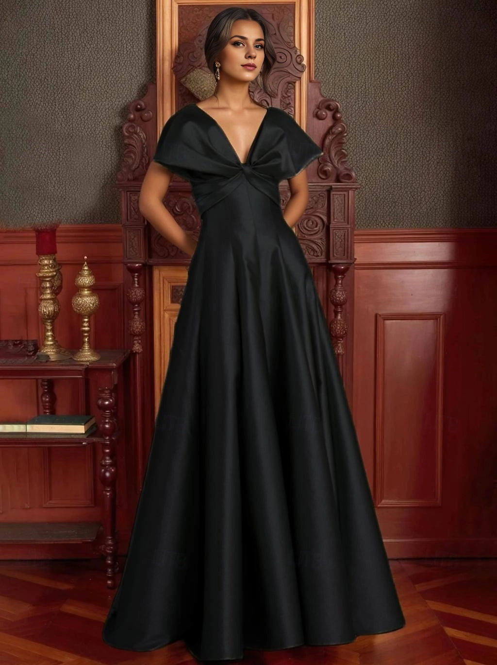Luxurious A-Line Deep V Cap Sleeve Zip Back Long Prom Dress