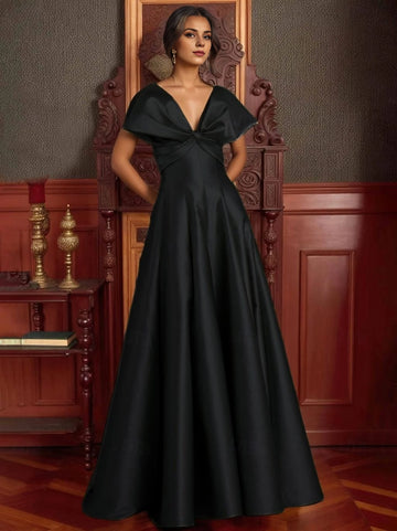 Luxurious A-Line Deep V Cap Sleeve Zip Back Long Prom Dress