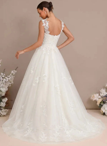 Elegant A-line V-neck Spaghetti Strap Open Back Floor-length Wedding Dress
