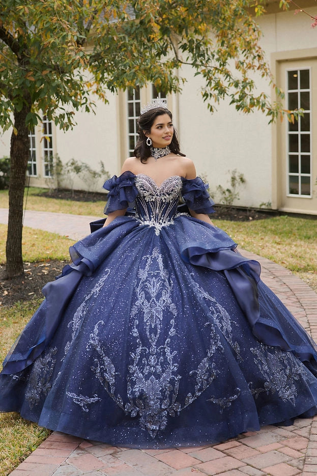 Ball Gown Off Shoulder Ruffle Bow Long Train Quinceañera Dress